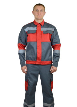Костюм мужской "Спец-ЭКО" летний куртка, брюки т. серый с красной отделкой тк. Смесовая Моготекс