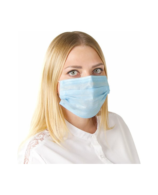 Одноразовая медицинская маска ГЕКСА комплект 100 шт, короб, 3-х слойный фильтр мельтблаун, голубая