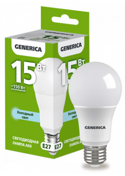 Лампа светодиодная A60 груша 15Вт 230В 6500К E27 GENERICA