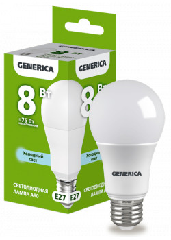 Лампа светодиодная A60 груша 8Вт 230В 6500К E27 GENERICA