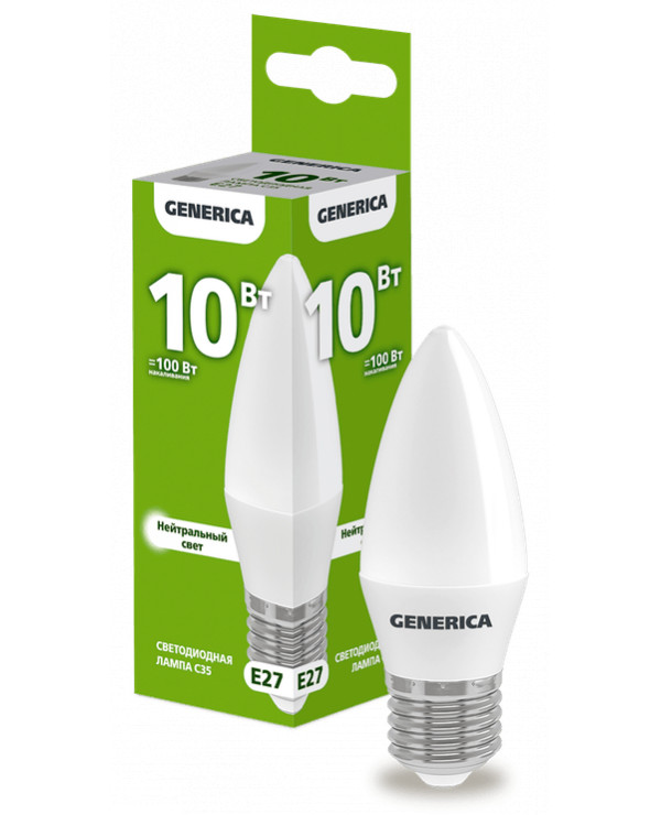 Лампа светодиодная C35 10Вт свеча 4000К E27 230В GENERICA LL-C35-10-230-40-E27-G